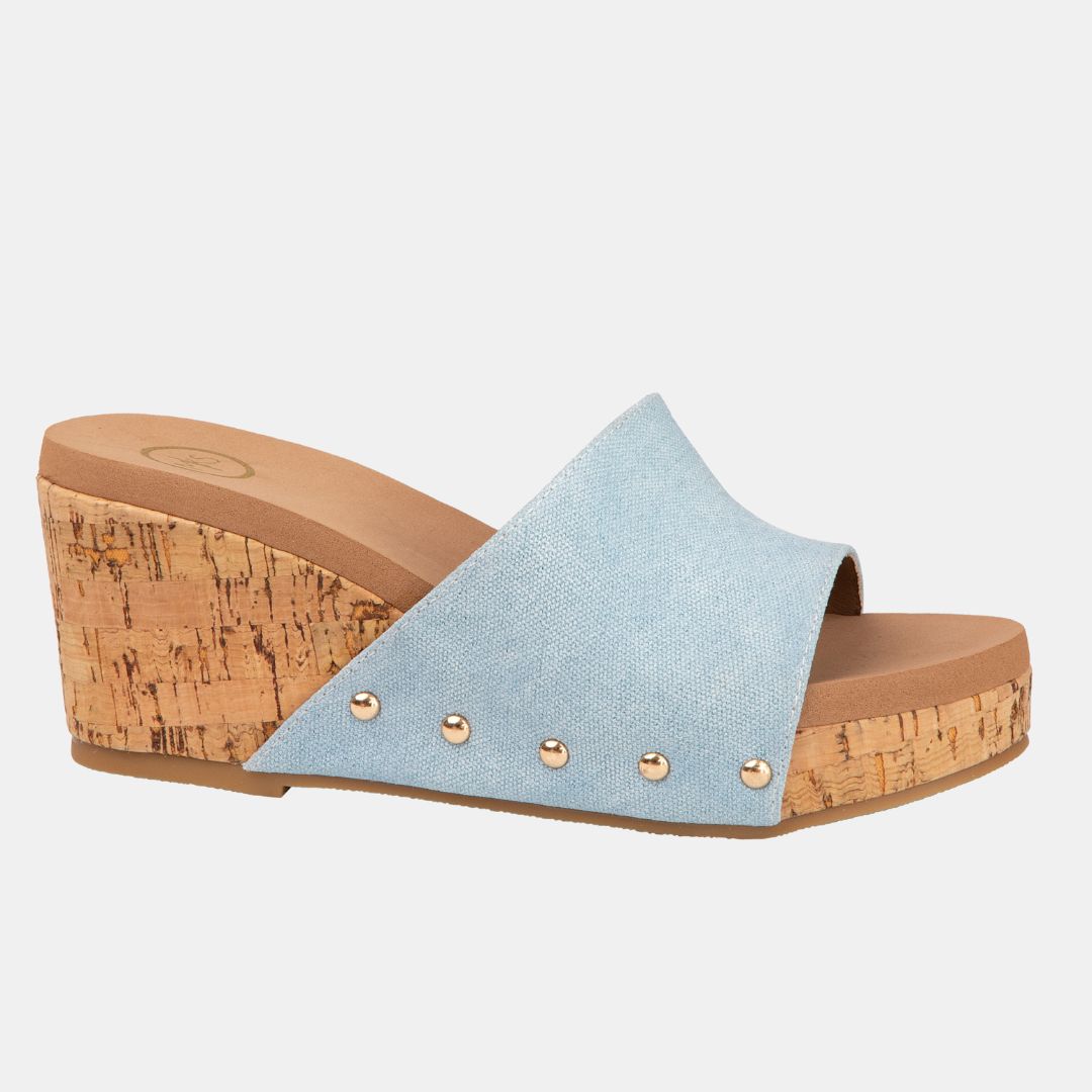 Blair Slide Wedge – Colorful Denim Crisscross Sandal with Cork Heel-WEDGES-MODAPASSO-Shop with Bloom West Boutique, Women's Fashion Boutique, Located in Houma, Louisiana