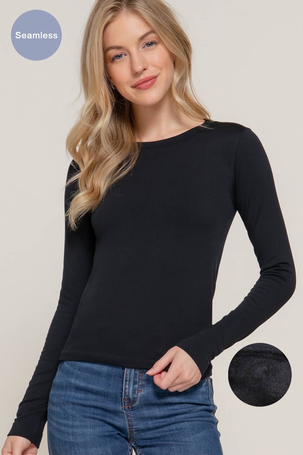 Long Sleeve Crew Neck Inner Fur Seamless Top: BLK-black / M/L-Long Sleeves-Active Basic | Active USA-Shop with Bloom West Boutique, Women's Fashion Boutique, Located in Houma, Louisiana