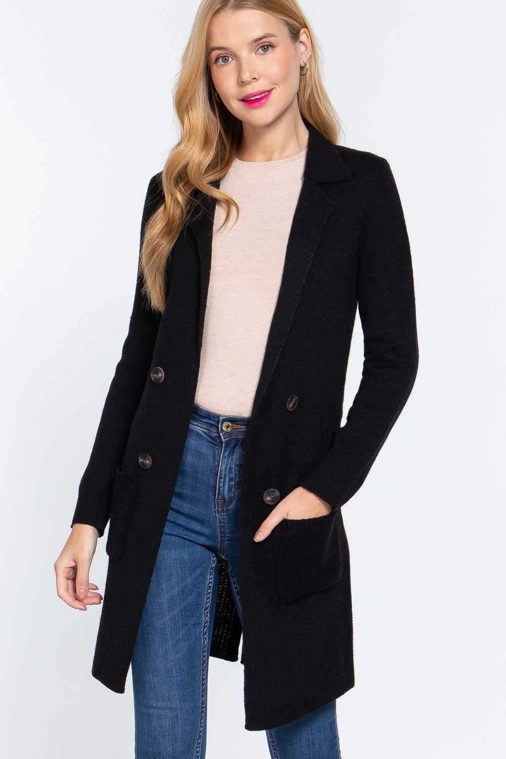 Knit Collar Sweater Jacket BLK-Active Basic | Active USA-Shop with Bloom West Boutique, Women's Fashion Boutique, Located in Houma, Louisiana
