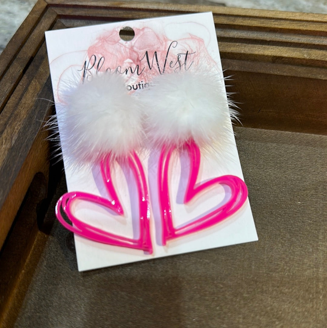 White Puff Pink Heart Earrings-Earrings-Bloom West Boutique-Shop with Bloom West Boutique, Women's Fashion Boutique, Located in Houma, Louisiana