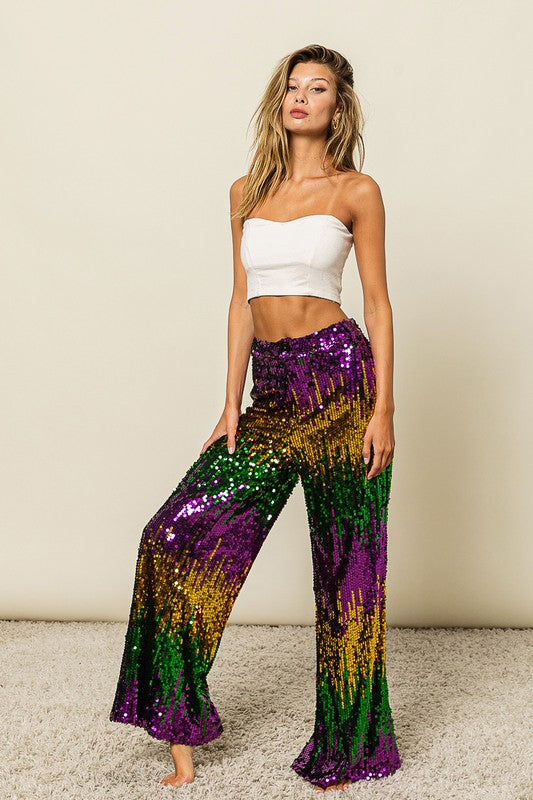 Mardi Gras Sequin Wide Leg Pants-Pants-Bibi-Shop with Bloom West Boutique, Women's Fashion Boutique, Located in Houma, Louisiana