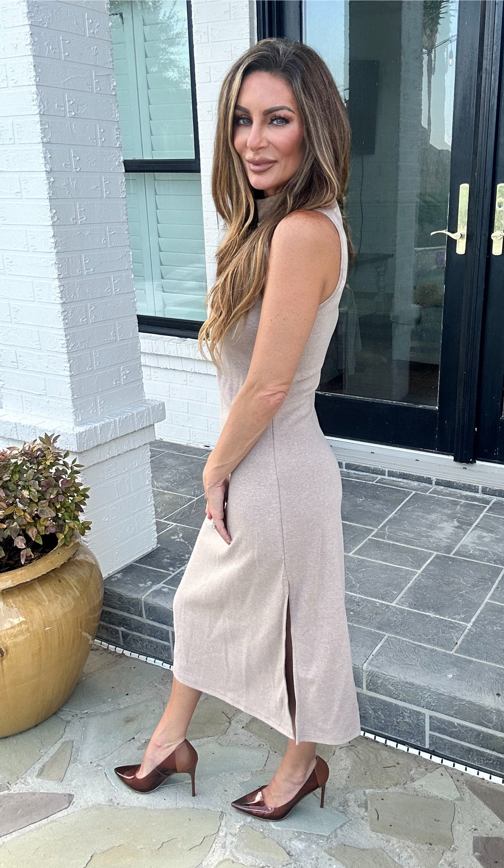 Allira Sleeveless Mock Neck Knit Dress With Side Slit-Midi Dresses-She+Sky-Shop with Bloom West Boutique, Women's Fashion Boutique, Located in Houma, Louisiana