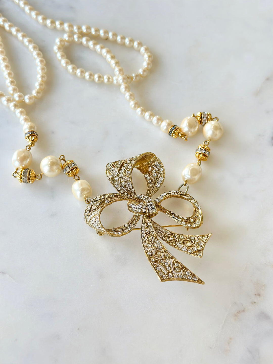 Erin Knight Design Vintage Rhinestone Bow Pearl Necklace-Necklaces-Erin Knight Designs-Shop with Bloom West Boutique, Women's Fashion Boutique, Located in Houma, Louisiana