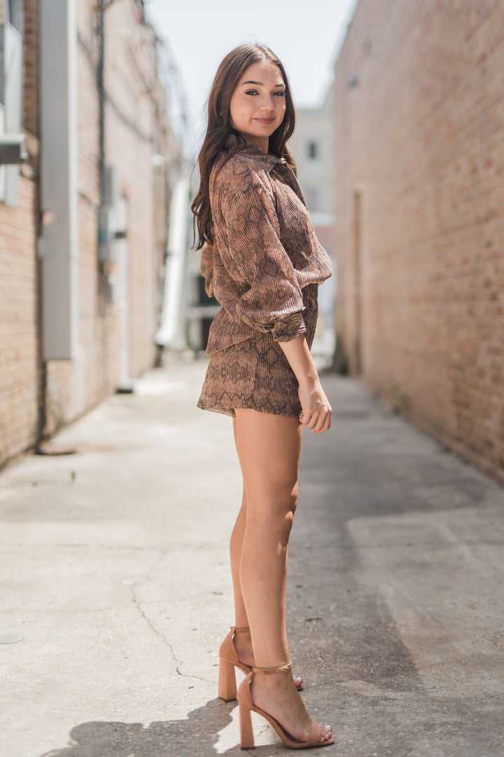 Brittany Snake Print Button Top And Metallic Sheer Shorts Brown-Shorts-Bloom West Boutique-Shop with Bloom West Boutique, Women's Fashion Boutique, Located in Houma, Louisiana