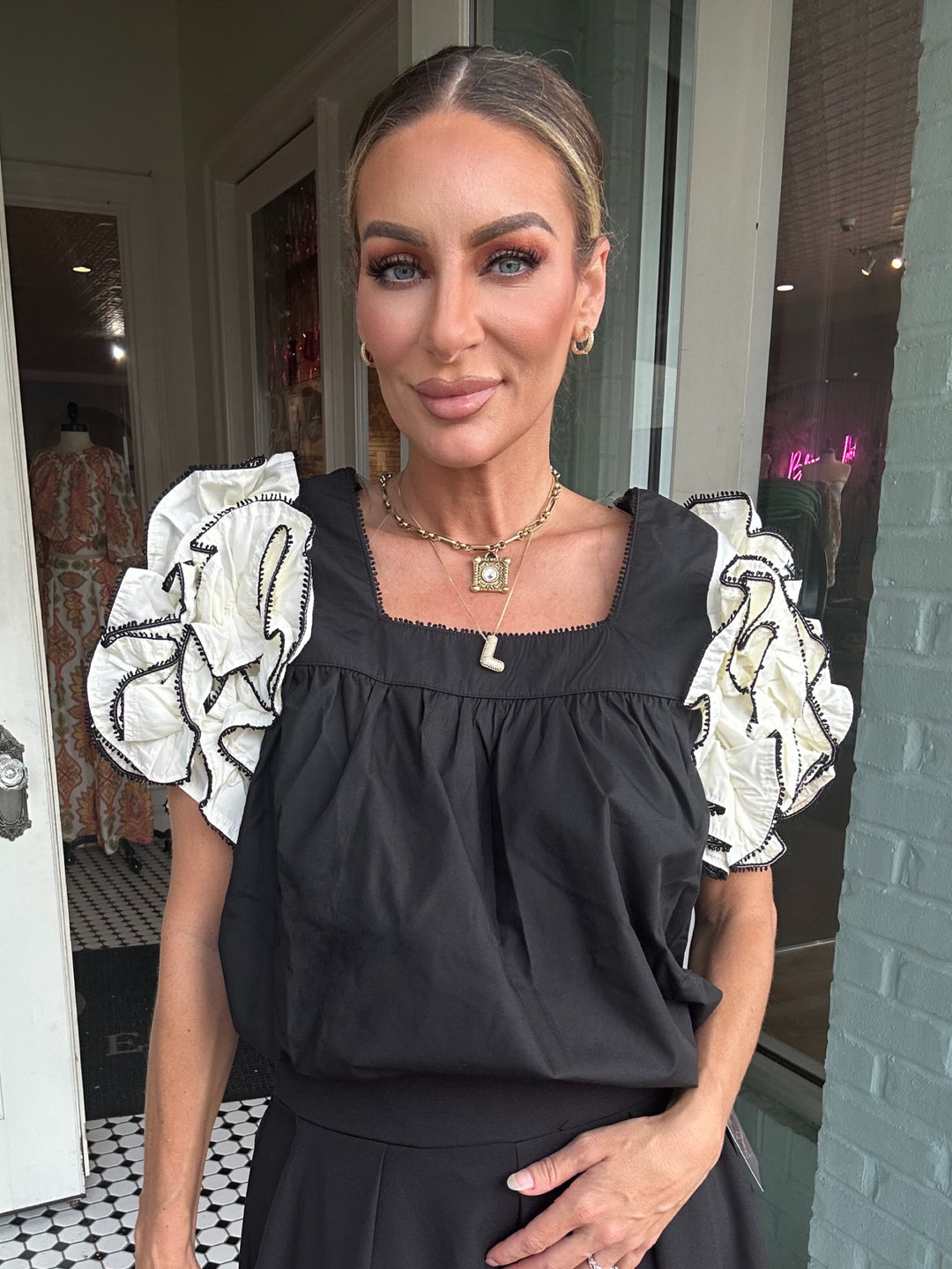 Embur Bouse With White Ruffled Sleeves-Short Sleeves-Entro-Shop with Bloom West Boutique, Women's Fashion Boutique, Located in Houma, Louisiana