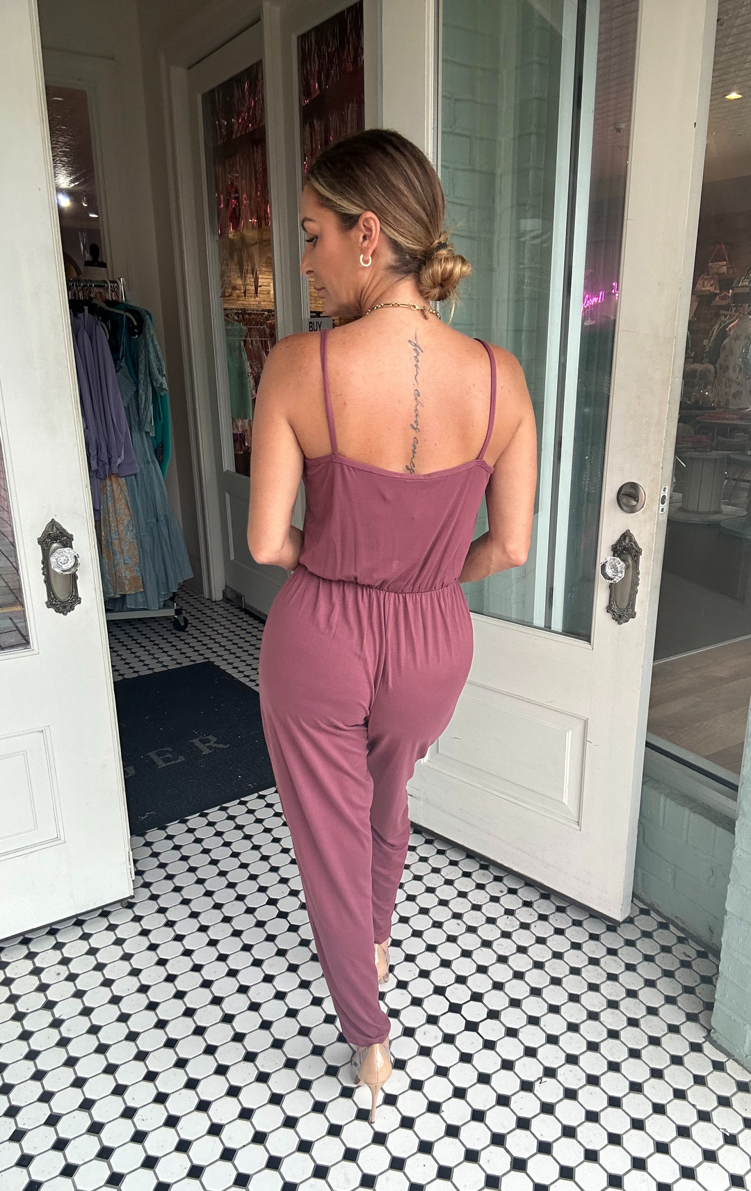 Gena Spaghetti Strap Elastic Waist Jumpsuit-Jumpsuits-Capella Apparel-Shop with Bloom West Boutique, Women's Fashion Boutique, Located in Houma, Louisiana