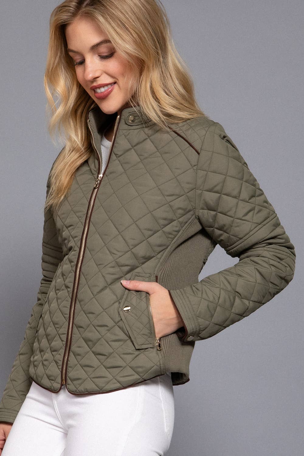 Suede Piping Detail Rib Quilted Padding Jacket : OLV-olive oil / L-Active Basic | Active USA-Shop with Bloom West Boutique, Women's Fashion Boutique, Located in Houma, Louisiana