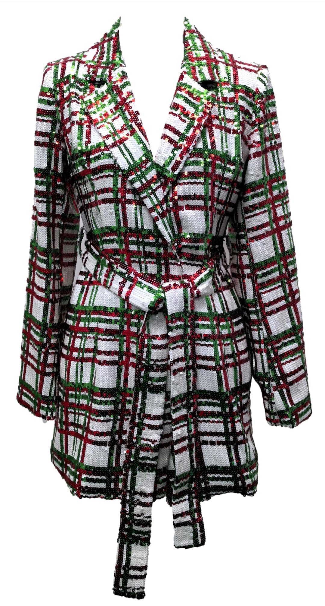 Queen Of Sparkles White, Green, & Red Full Sequin Plaid Tie Blazer Dress-Mini Dresses-Queen Of Sparkles-Shop with Bloom West Boutique, Women's Fashion Boutique, Located in Houma, Louisiana