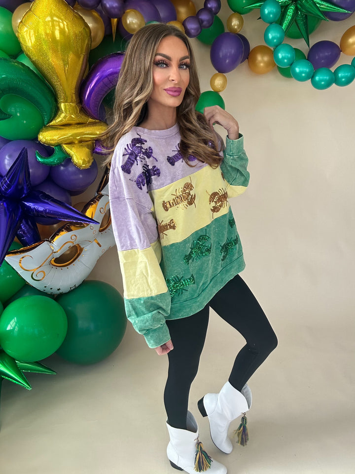 Cleopatra Sequin Crawfish washed Mardi Gras Sweatshirt-Graphic Sweaters-Bibi-Shop with Bloom West Boutique, Women's Fashion Boutique, Located in Houma, Louisiana