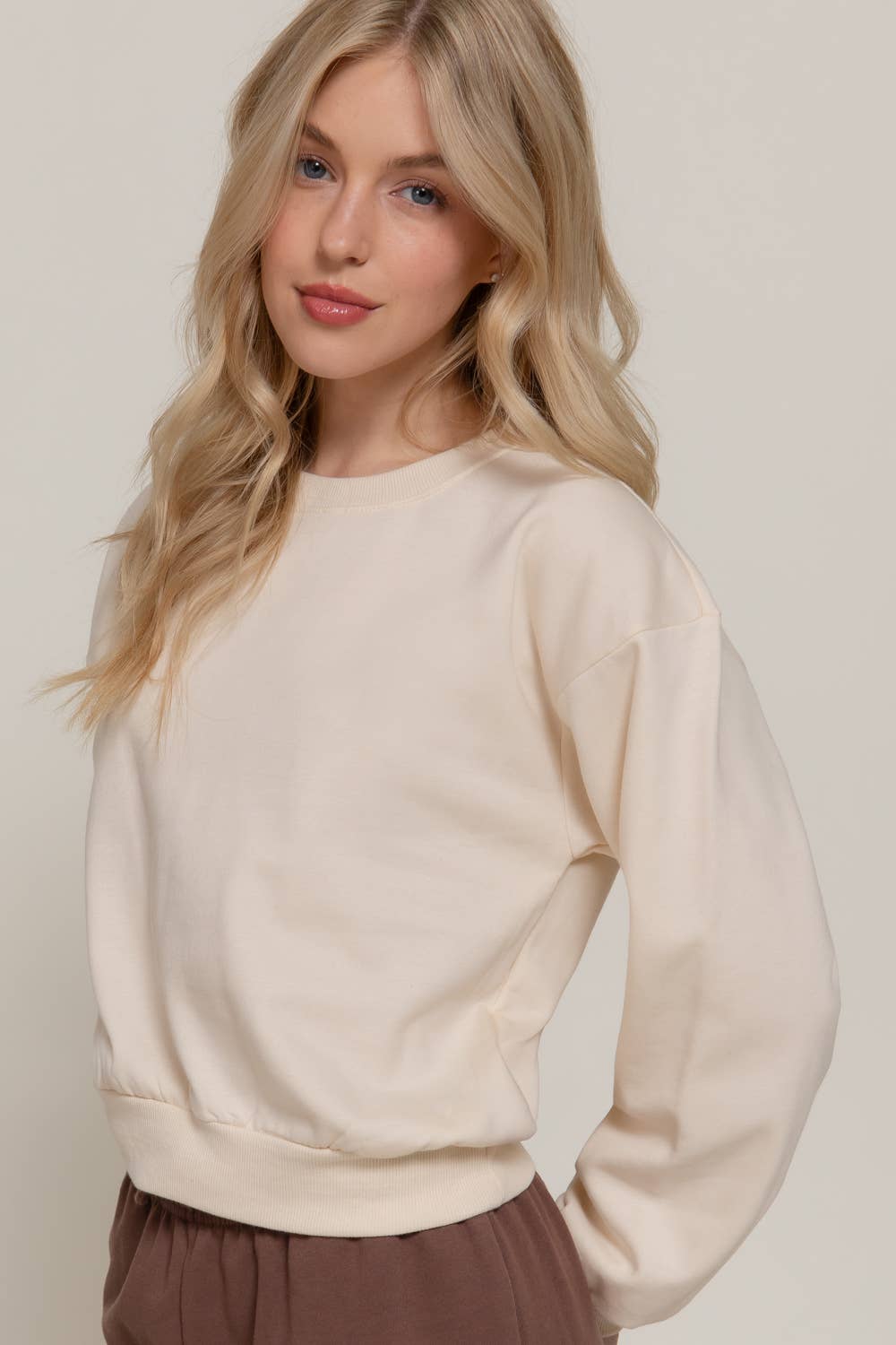 Round Neck Crop SweatShirt beige-Sweaters-Active Basic | Active USA-Shop with Bloom West Boutique, Women's Fashion Boutique, Located in Houma, Louisiana