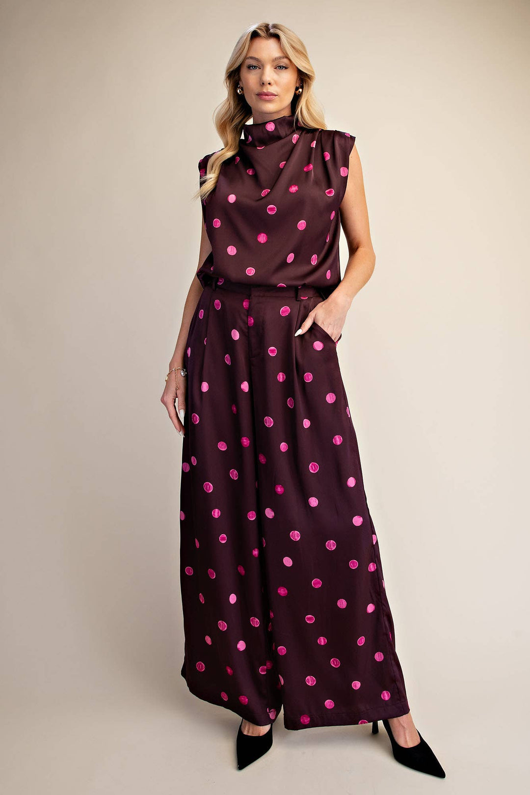 Cowl Mock Neck Pleats Shoulder Sleeveless Top Polka Dot-Glam-Shop with Bloom West Boutique, Women&