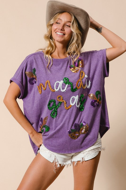 Mardi Gras Tinsel and Sequin Fleur Dis Le with Mask Patches Shirt-Graphic Tees-Bibi-Shop with Bloom West Boutique, Women's Fashion Boutique, Located in Houma, Louisiana