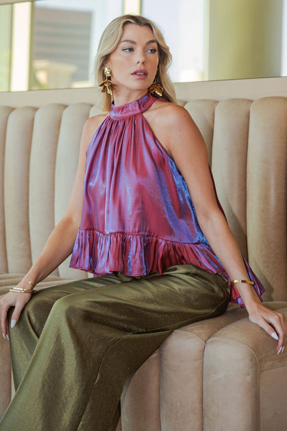 Ruffle Halter Top With Back Neck Tie-Glam-Shop with Bloom West Boutique, Women&