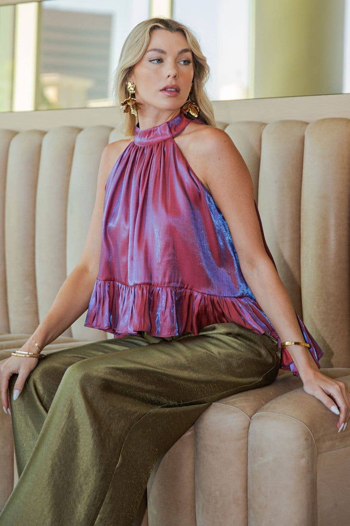 Ruffle Halter Top With Back Neck Tie-Glam-Shop with Bloom West Boutique, Women&