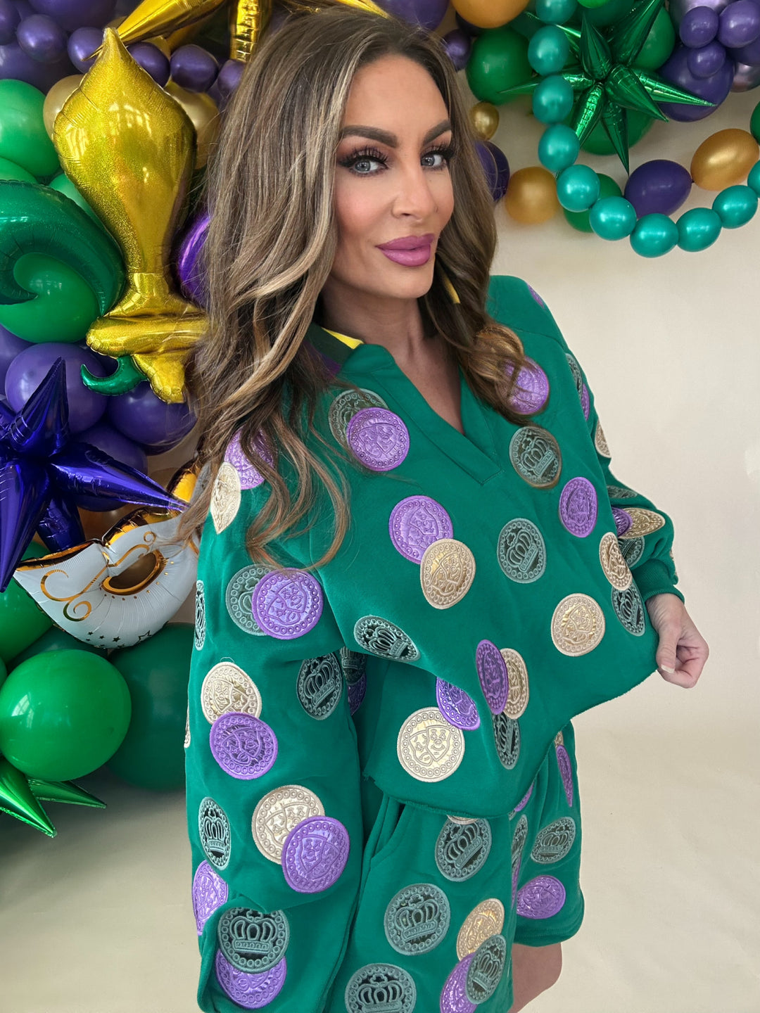 Queen of Sparkles Green Mardi Gras Dabloons Sweatshirt-QOS Tops-Queen Of Sparkles-Shop with Bloom West Boutique, Women's Fashion Boutique, Located in Houma, Louisiana