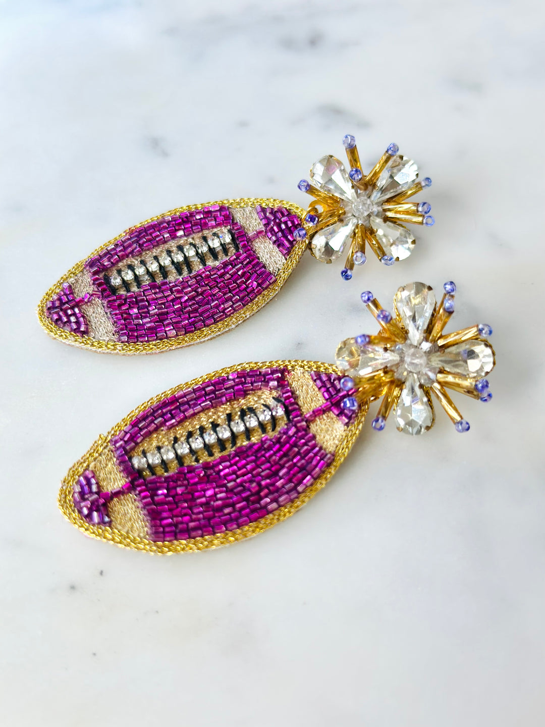 Game Day Large Purple and Gold Football Earrings-Accessories-Golden Lily-Shop with Bloom West Boutique, Women's Fashion Boutique, Located in Houma, Louisiana