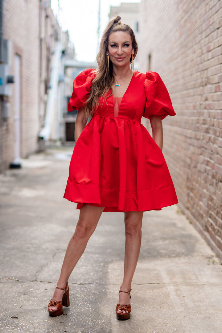 Arden Solid Woven Balloon Puff SLV Empire V Neck Mini Dress Red-Mini Dresses-Bloom West Boutique-Shop with Bloom West Boutique, Women's Fashion Boutique, Located in Houma, Louisiana