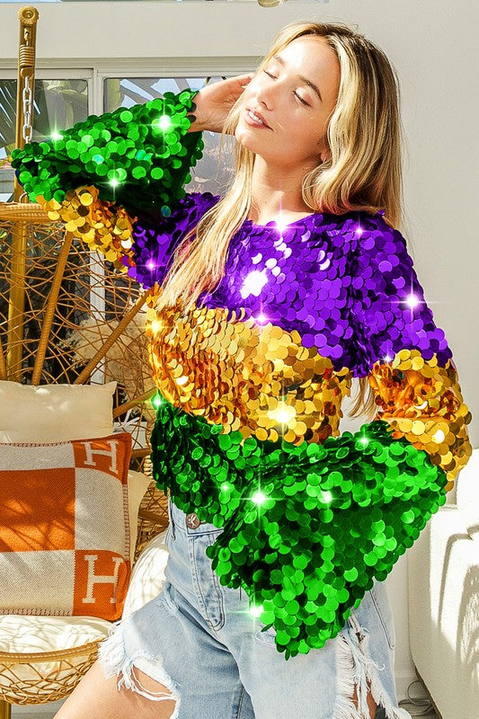 Mardi Gras Color Block Spangle Top-Long Sleeves-Bibi-Shop with Bloom West Boutique, Women's Fashion Boutique, Located in Houma, Louisiana