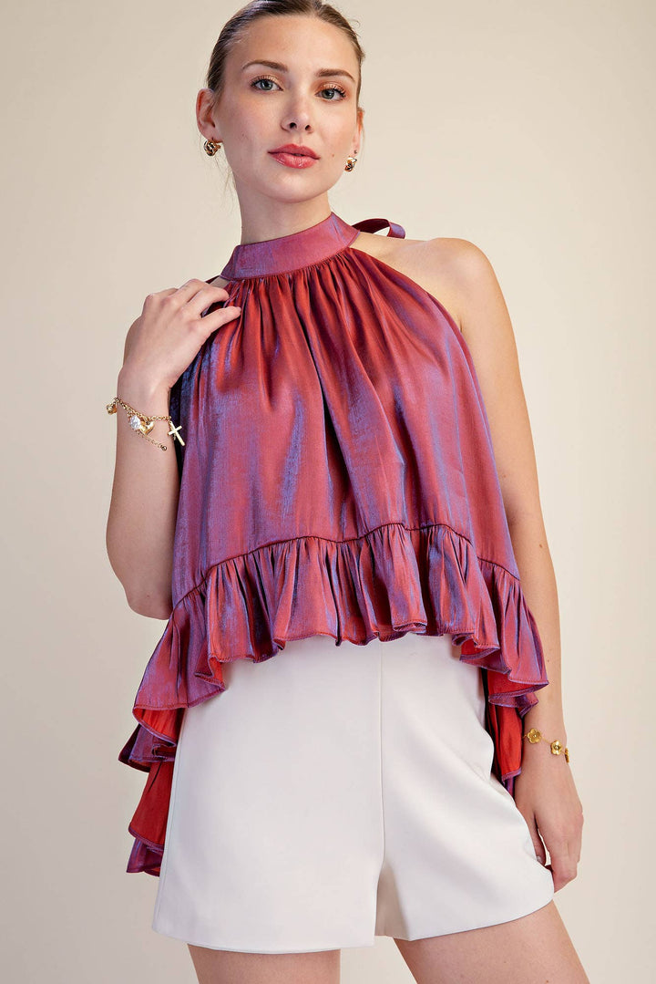 Ruffle Halter Top With Back Neck Tie-Glam-Shop with Bloom West Boutique, Women&