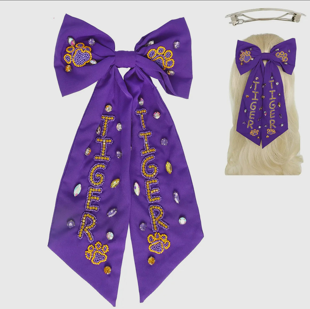 Game Day Tiger Embroidered Bow Barrette Hair Clip-Hair Accessories-Sophia Collection-Shop with Bloom West Boutique, Women's Fashion Boutique, Located in Houma, Louisiana