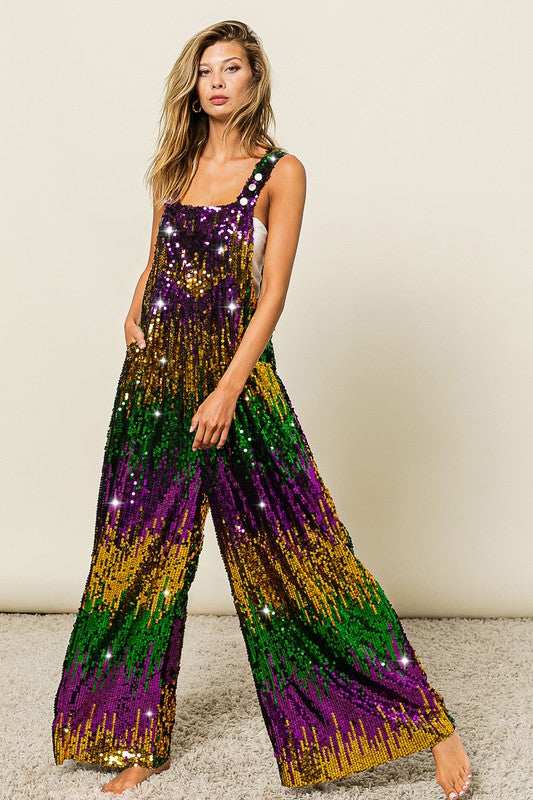 Mardi Gras Color Block Overalls-Jumpsuits-Bibi-Shop with Bloom West Boutique, Women's Fashion Boutique, Located in Houma, Louisiana