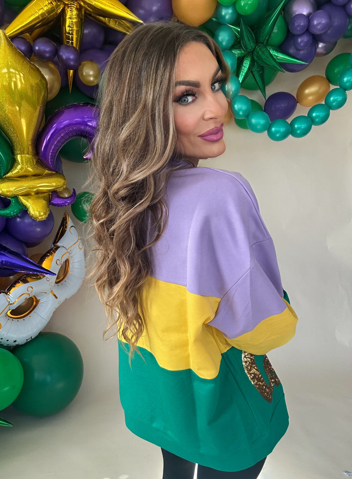 Rex Sequin Mardi Gras Lettering Color Block Sweatshirt-Graphic Sweaters-Bibi-Shop with Bloom West Boutique, Women's Fashion Boutique, Located in Houma, Louisiana