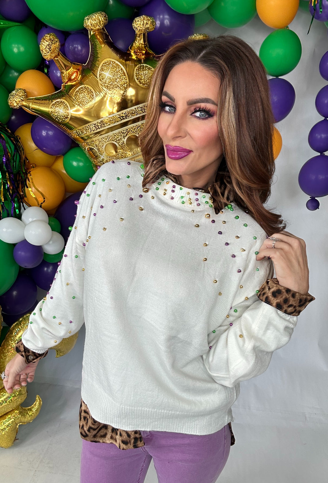 Mardi Gras Pearl Sweater-Tops-SongLily-Shop with Bloom West Boutique, Women's Fashion Boutique, Located in Houma, Louisiana