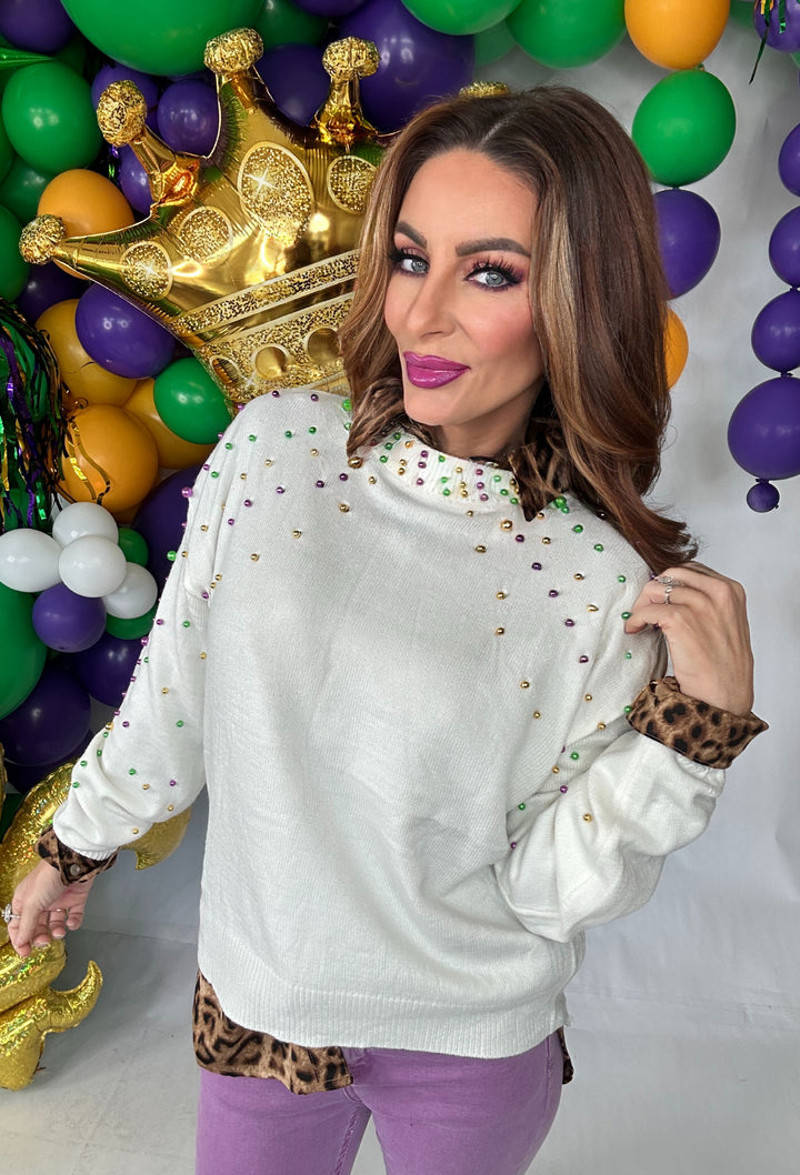 Mardi Gras Pearl Sweater-Tops-SongLily-Shop with Bloom West Boutique, Women's Fashion Boutique, Located in Houma, Louisiana