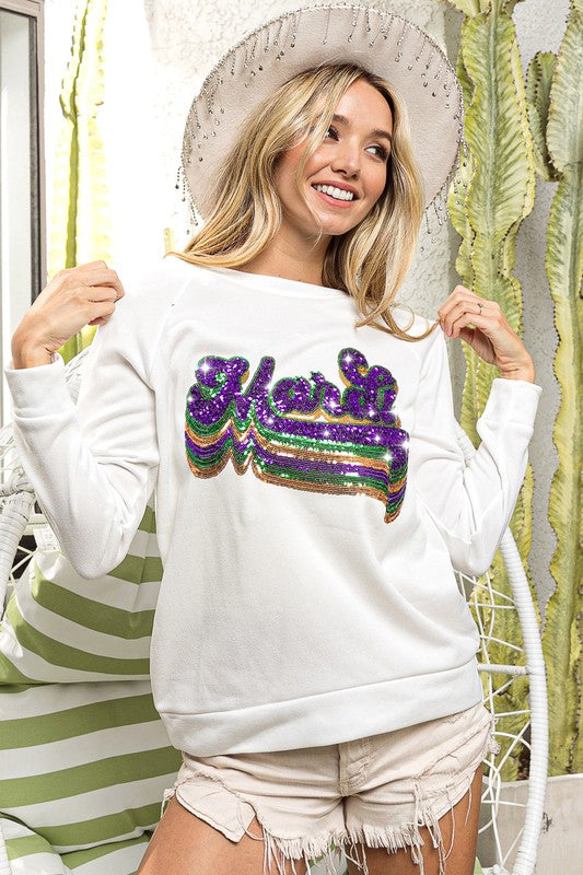 Layered Mardi Sequin Lettering Pullover-Graphic Sweaters-Bibi-Shop with Bloom West Boutique, Women's Fashion Boutique, Located in Houma, Louisiana