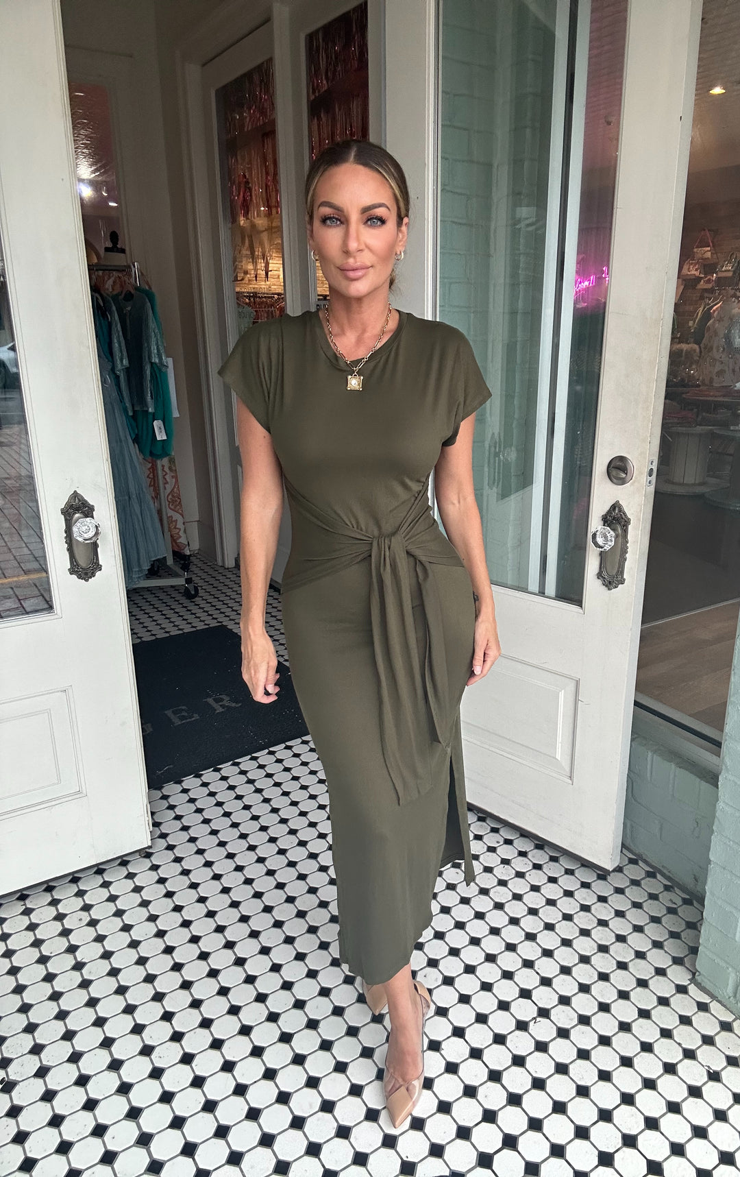 Fannie Tie Front Slit Dress-Midi Dresses-Capella Apparel-Shop with Bloom West Boutique, Women's Fashion Boutique, Located in Houma, Louisiana