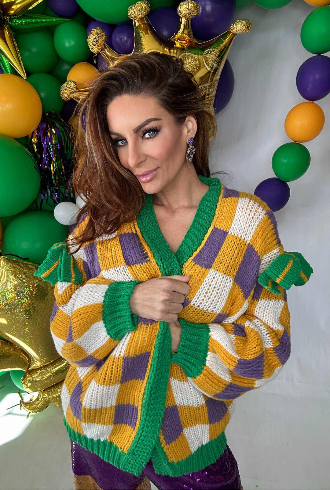 Mardi Gras Checker Board Front Open Cardigan-Cardigans-Bibi-Shop with Bloom West Boutique, Women's Fashion Boutique, Located in Houma, Louisiana