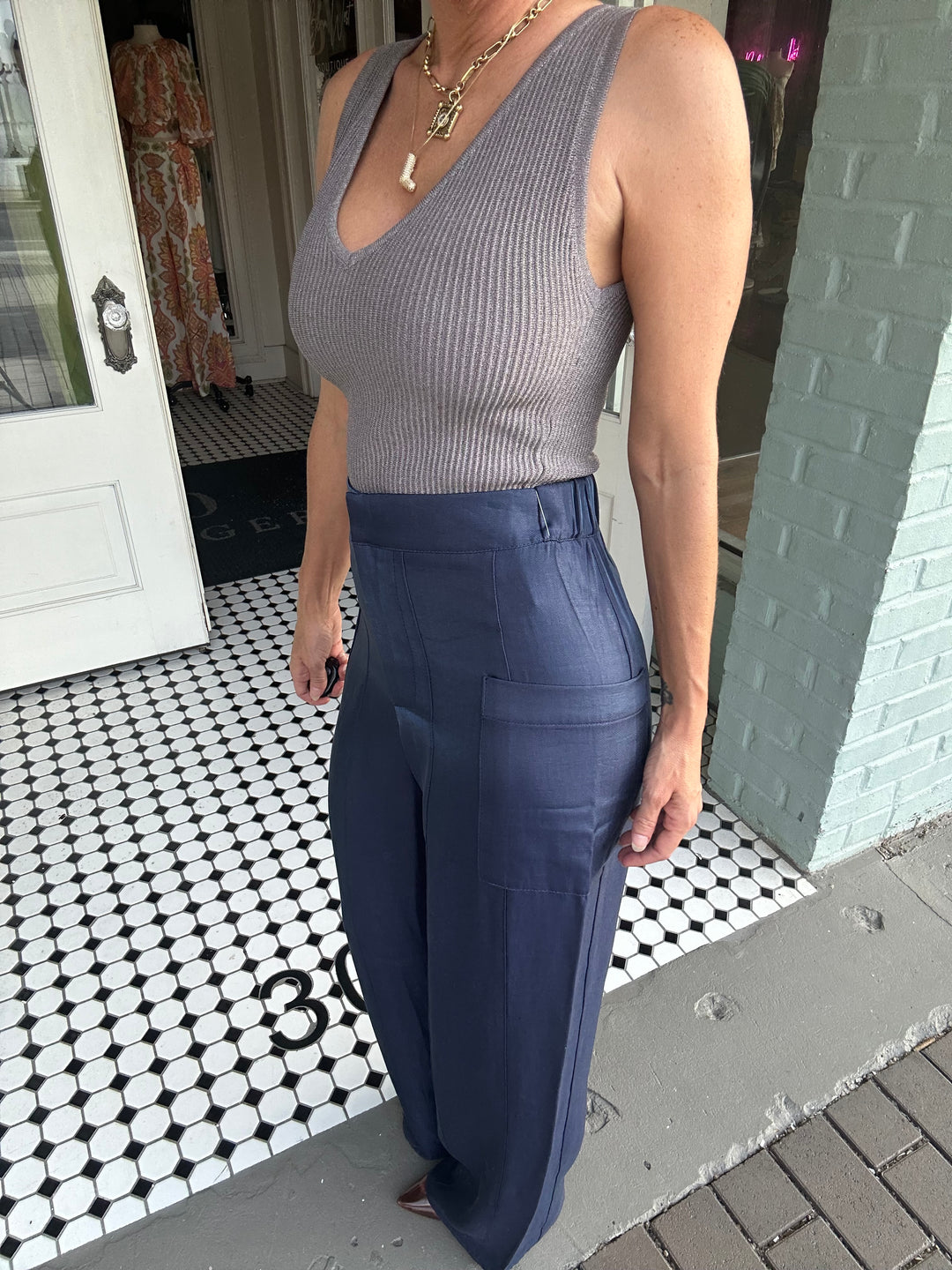 Arana High Waist Pocket Satin Pants-Dress Pants-Glam-Shop with Bloom West Boutique, Women's Fashion Boutique, Located in Houma, Louisiana