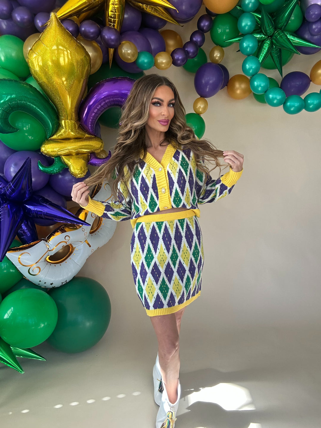 Mardi Gras Diamond Pattern Cardigan and Skirt Set-Cardigans-So Me-Shop with Bloom West Boutique, Women's Fashion Boutique, Located in Houma, Louisiana