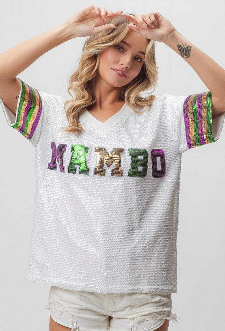 Mardi Gras Mambo Sequin V-Neck Top-Graphic Tees-Bibi-Shop with Bloom West Boutique, Women's Fashion Boutique, Located in Houma, Louisiana