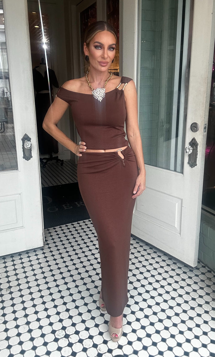 Viva Metal Trimmed Knit Maxi Skirt set-Two Piece Set-edit by nine-Shop with Bloom West Boutique, Women's Fashion Boutique, Located in Houma, Louisiana