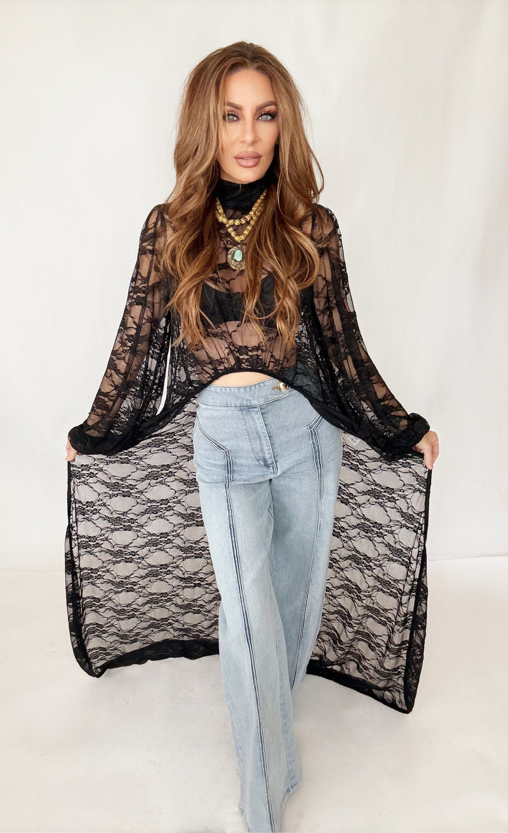 Enchanted Noir High-Low Lace Top-Tops-Nylon Apparel-Shop with Bloom West Boutique, Women's Fashion Boutique, Located in Houma, Louisiana