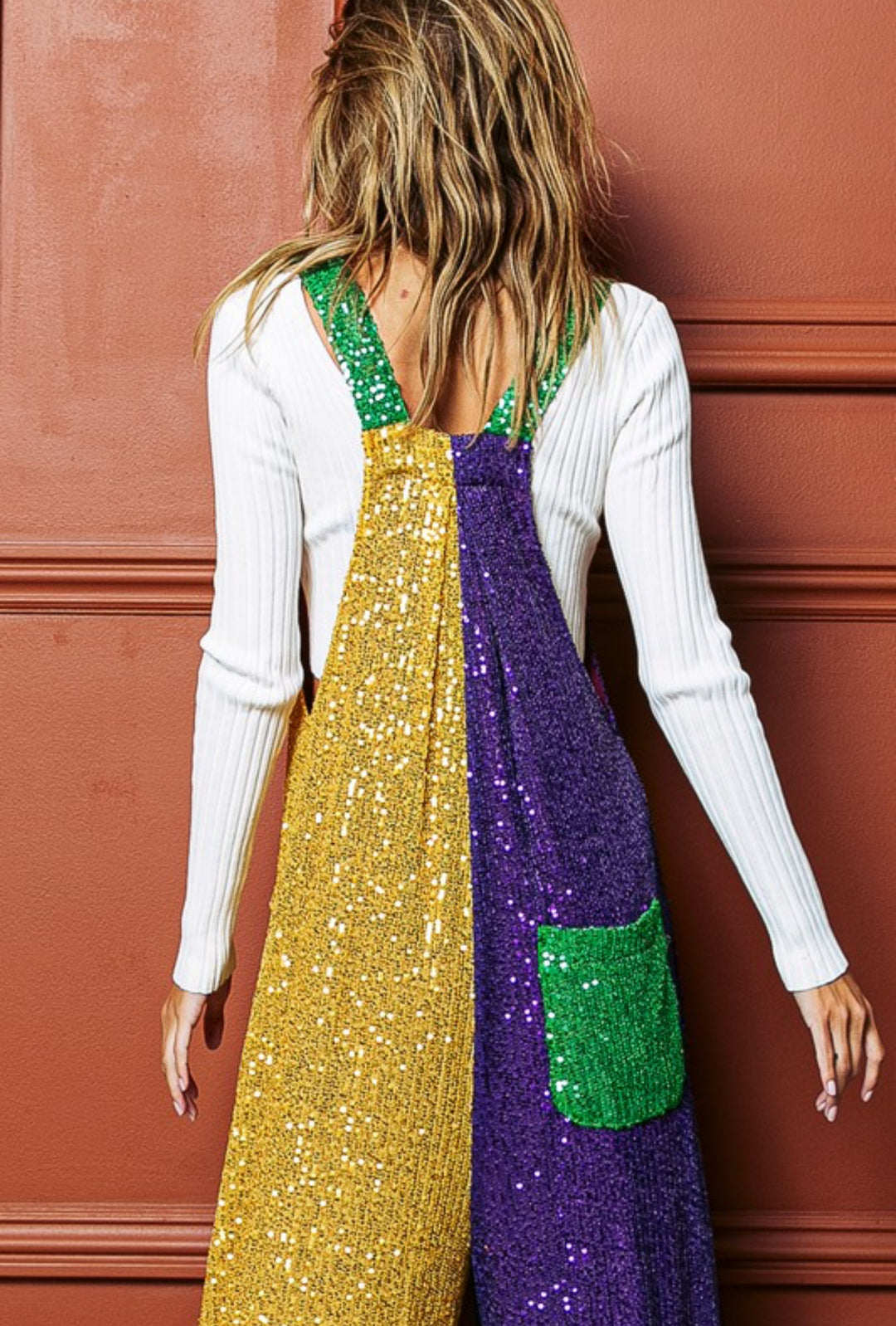 Sequin Mardi Gras Color Block Overalls-Jumpsuits-Bibi-Shop with Bloom West Boutique, Women's Fashion Boutique, Located in Houma, Louisiana