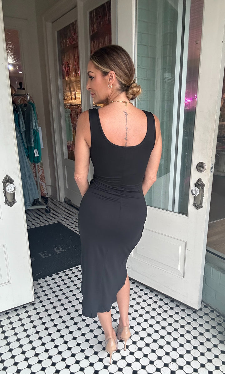 Gilda Wrap Front Tie Side Midi Dress-Midi Dresses-Capella Apparel-Shop with Bloom West Boutique, Women's Fashion Boutique, Located in Houma, Louisiana