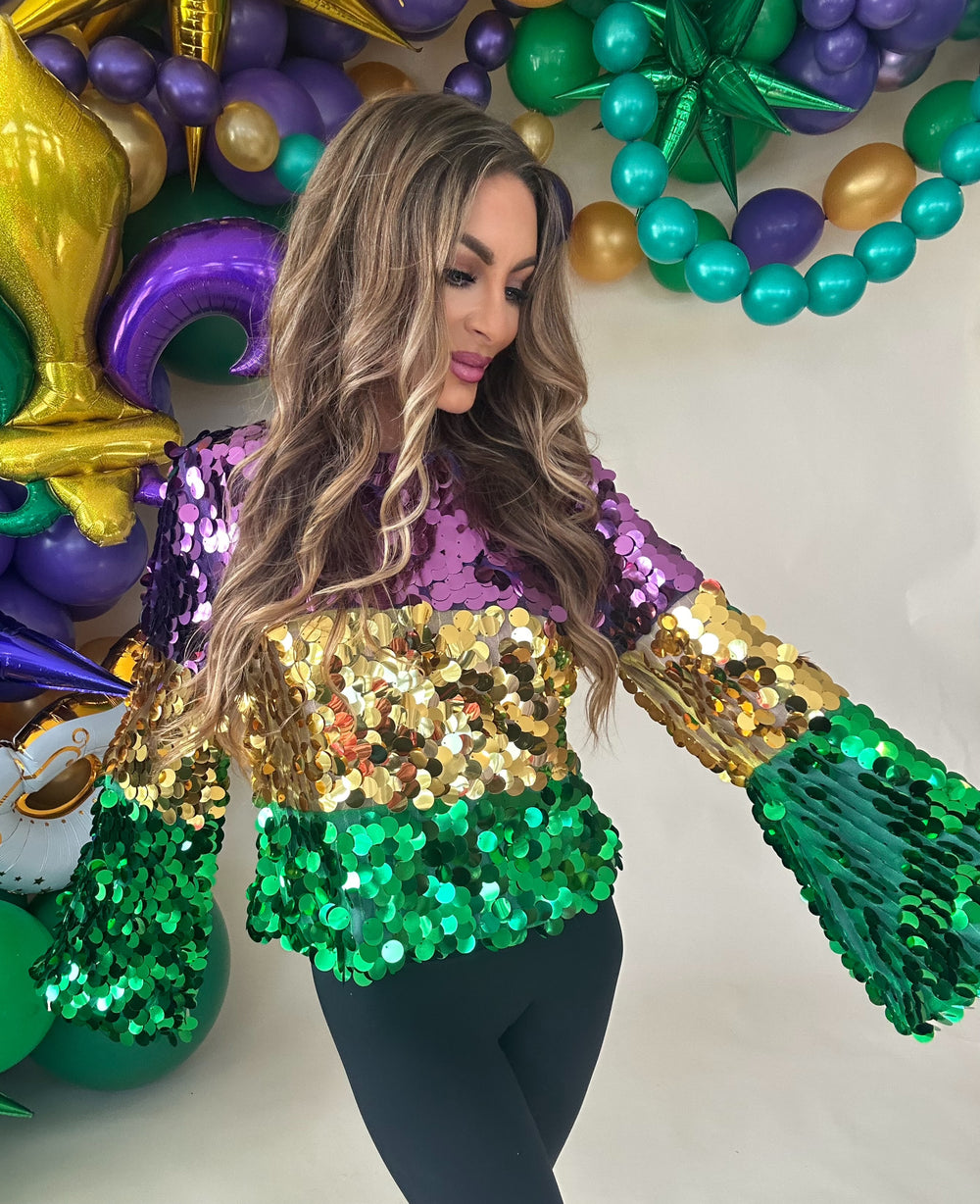 Mardi Gras Color Block Spangle Top-Long Sleeves-Bibi-Shop with Bloom West Boutique, Women's Fashion Boutique, Located in Houma, Louisiana