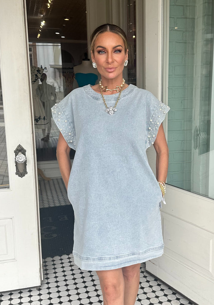 Zoie Denim Pearl Sleeve Dress-Dresses-Entro-Shop with Bloom West Boutique, Women's Fashion Boutique, Located in Houma, Louisiana