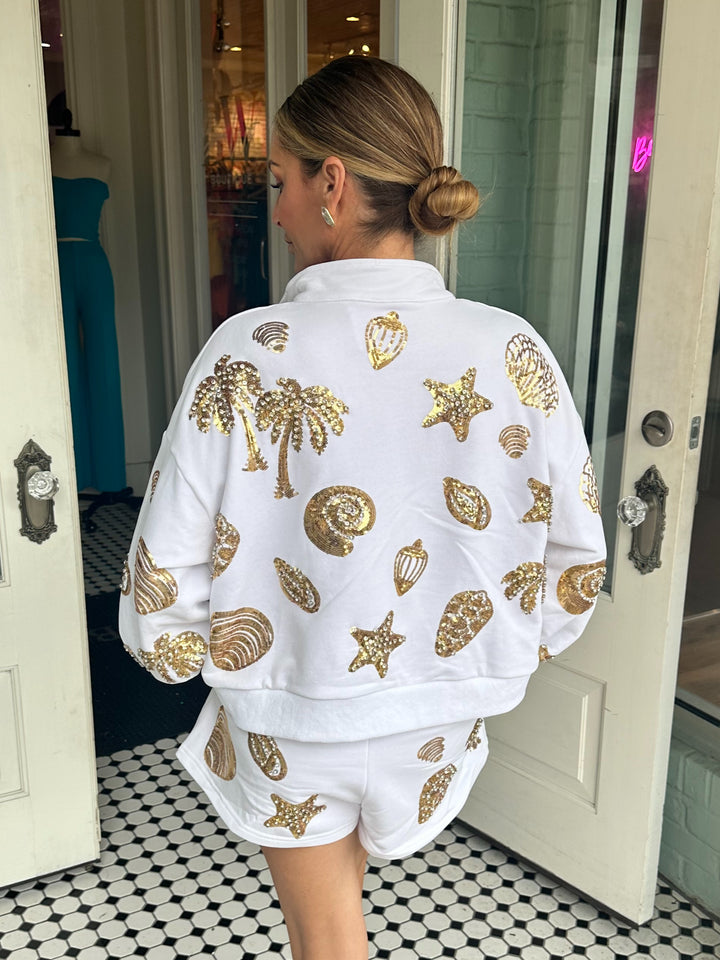 Queen Of Sparkles White & Gold Shell Henley Short-Shorts-Queen Of Sparkles-Shop with Bloom West Boutique, Women's Fashion Boutique, Located in Houma, Louisiana