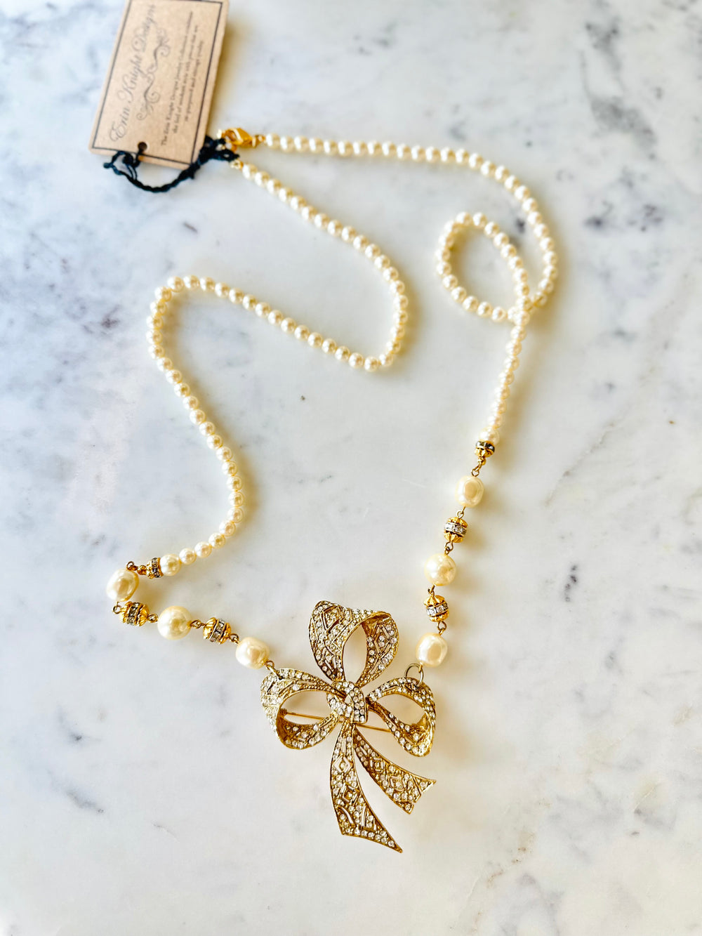 Erin Knight Design Vintage Rhinestone Bow Pearl Necklace-Necklaces-Erin Knight Designs-Shop with Bloom West Boutique, Women's Fashion Boutique, Located in Houma, Louisiana