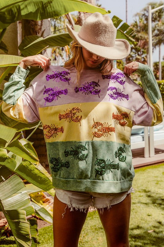 Cleopatra Sequin Crawfish washed Mardi Gras Sweatshirt-Sweaters-Bibi-Shop with Bloom West Boutique, Women's Fashion Boutique, Located in Houma, Louisiana