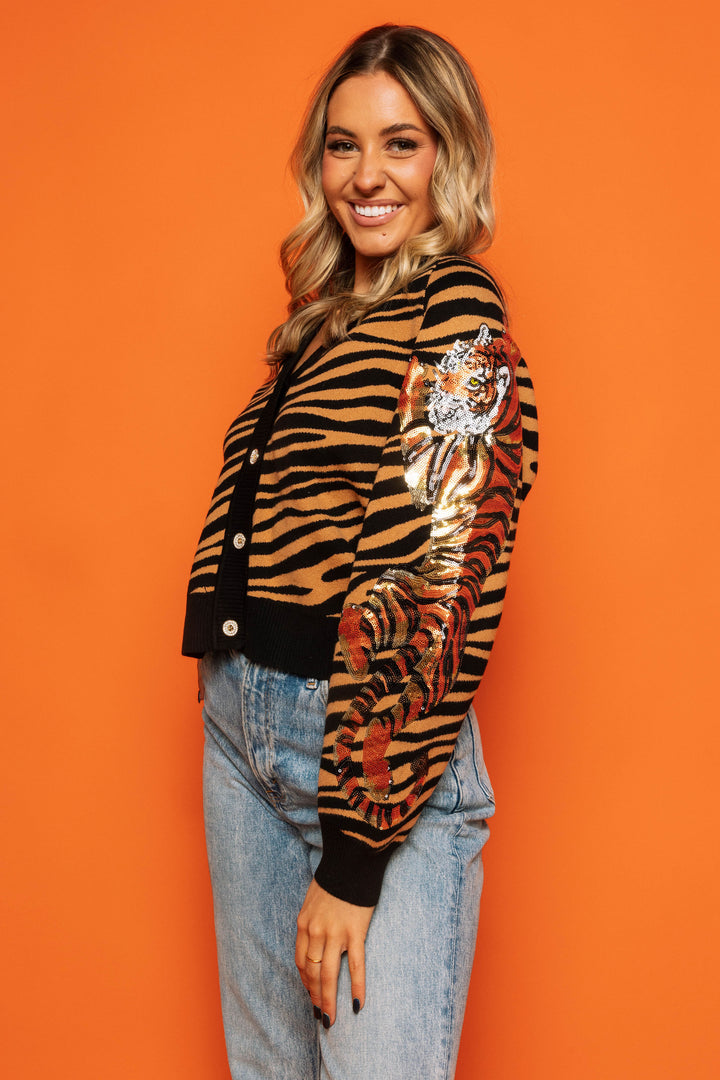 Queen of Sparkles Tiger Stripe Cardigan-QOS Tops-Queen Of Sparkles-Shop with Bloom West Boutique, Women's Fashion Boutique, Located in Houma, Louisiana