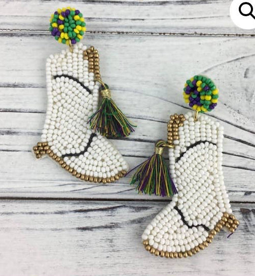 Mardi Gras beaded white marching boot earrings-Earrings-SongLily-Shop with Bloom West Boutique, Women's Fashion Boutique, Located in Houma, Louisiana
