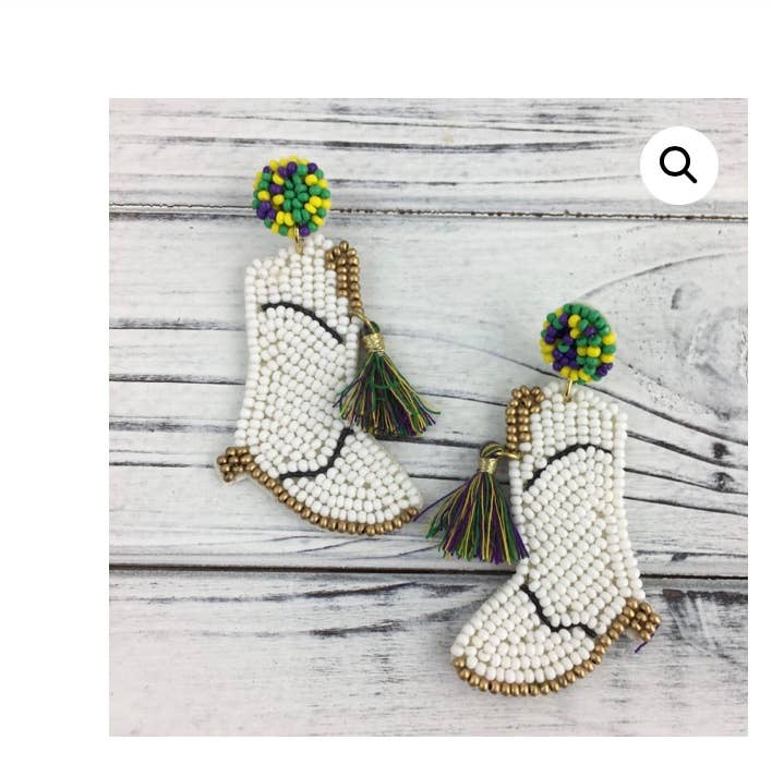 Mardi Gras beaded white marching boot earrings-Earrings-SongLily-Shop with Bloom West Boutique, Women's Fashion Boutique, Located in Houma, Louisiana