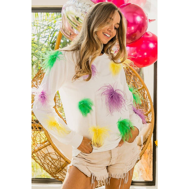 MARDI GRAS FAUX FEATHER TRIM TOP-BiBi-Shop with Bloom West Boutique, Women&