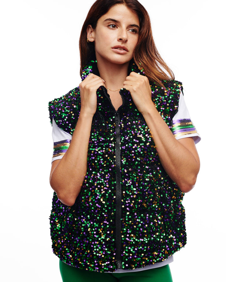 Mardi Gras Sequin Puffer Vest-Vests-SongLily-Shop with Bloom West Boutique, Women's Fashion Boutique, Located in Houma, Louisiana