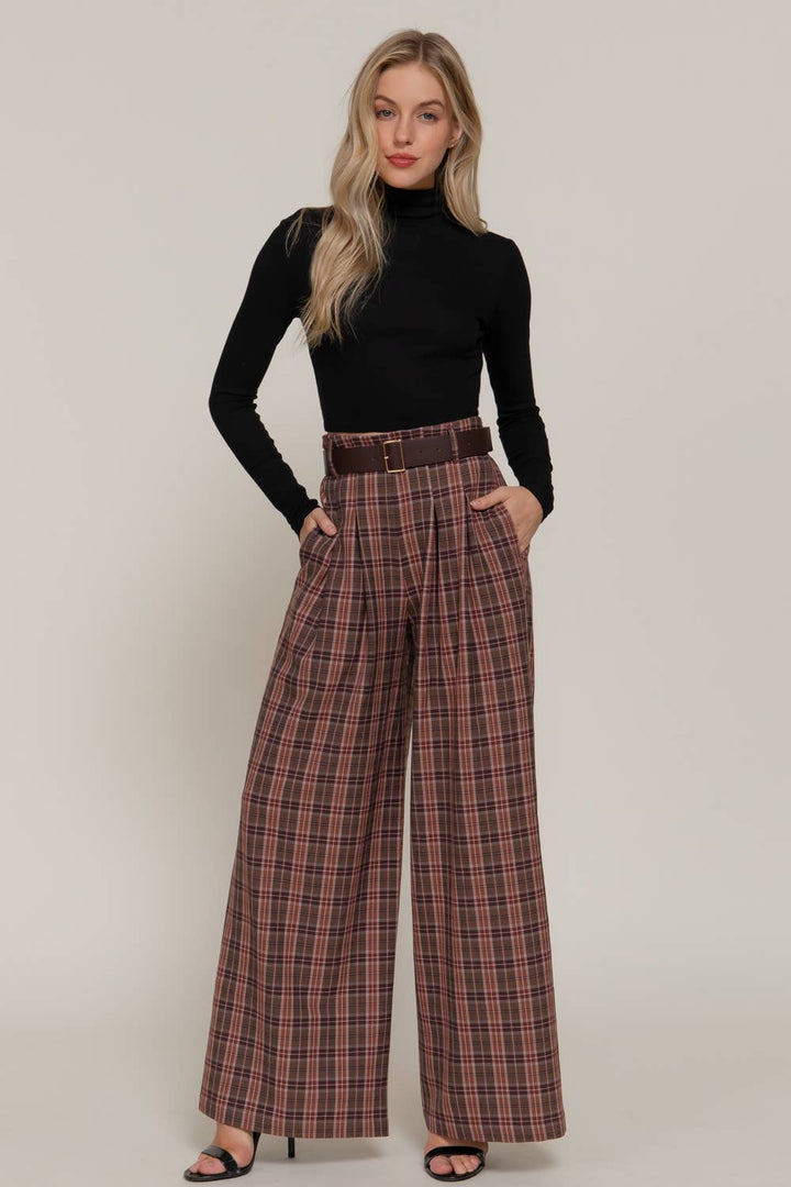 Beth Plaid Woven Wide Long Pants-Active Basic | Active USA-Shop with Bloom West Boutique, Women's Fashion Boutique, Located in Houma, Louisiana