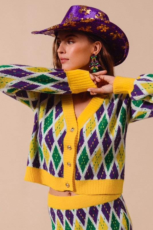 Mardi Gras Diamond Pattern Cardigan-Cardigans-So Me-Shop with Bloom West Boutique, Women's Fashion Boutique, Located in Houma, Louisiana